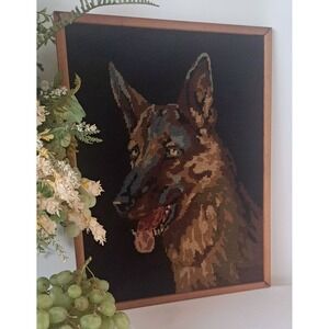 Vintage Needlepoint German Shepherd Dog Picture W Wooden Frame 19"x15"